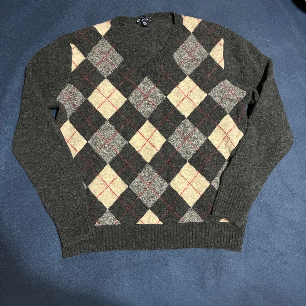 J. Crew Ladies V-Neck Argyle Sweater - Dark Gray and Cream